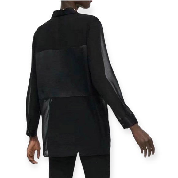 ZARA Sheer Satin Block Cutout Black Button Down Blouse - Picture 3 of 14
